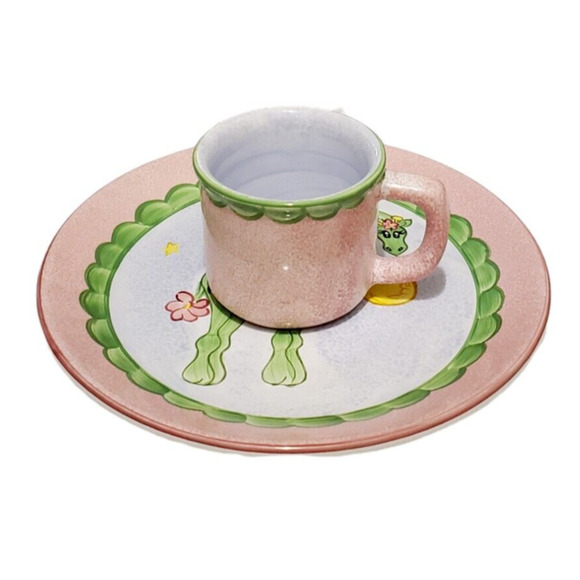 Present Tense by Tania Schuppert Cosmic Giraffe Plate Cup Pink Hand Painted READ - Picture 1 of 5